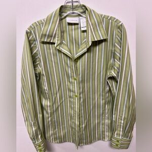 LIZ CLAIBORNE NON-IRON GREEN/WHITE STRIPE LONG SLEEVE BLOUSE. SIZE 8  NWOT